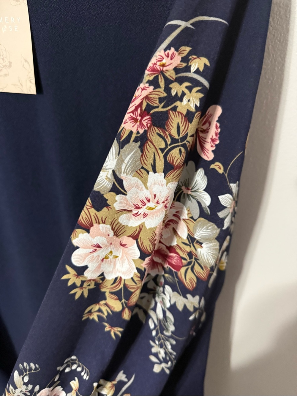 Navy Floral-Sleeve Midi Dress - Women's Elegant Casual - Picture 4 of 10